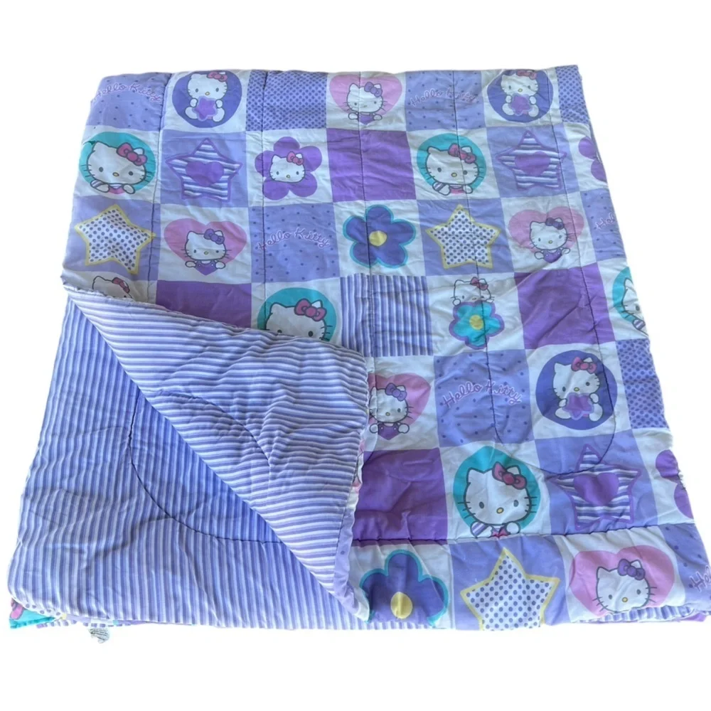 Y2K Sanrio Hello Kitty Checkerboard Patchwork Stripe Reversible Comforter READ